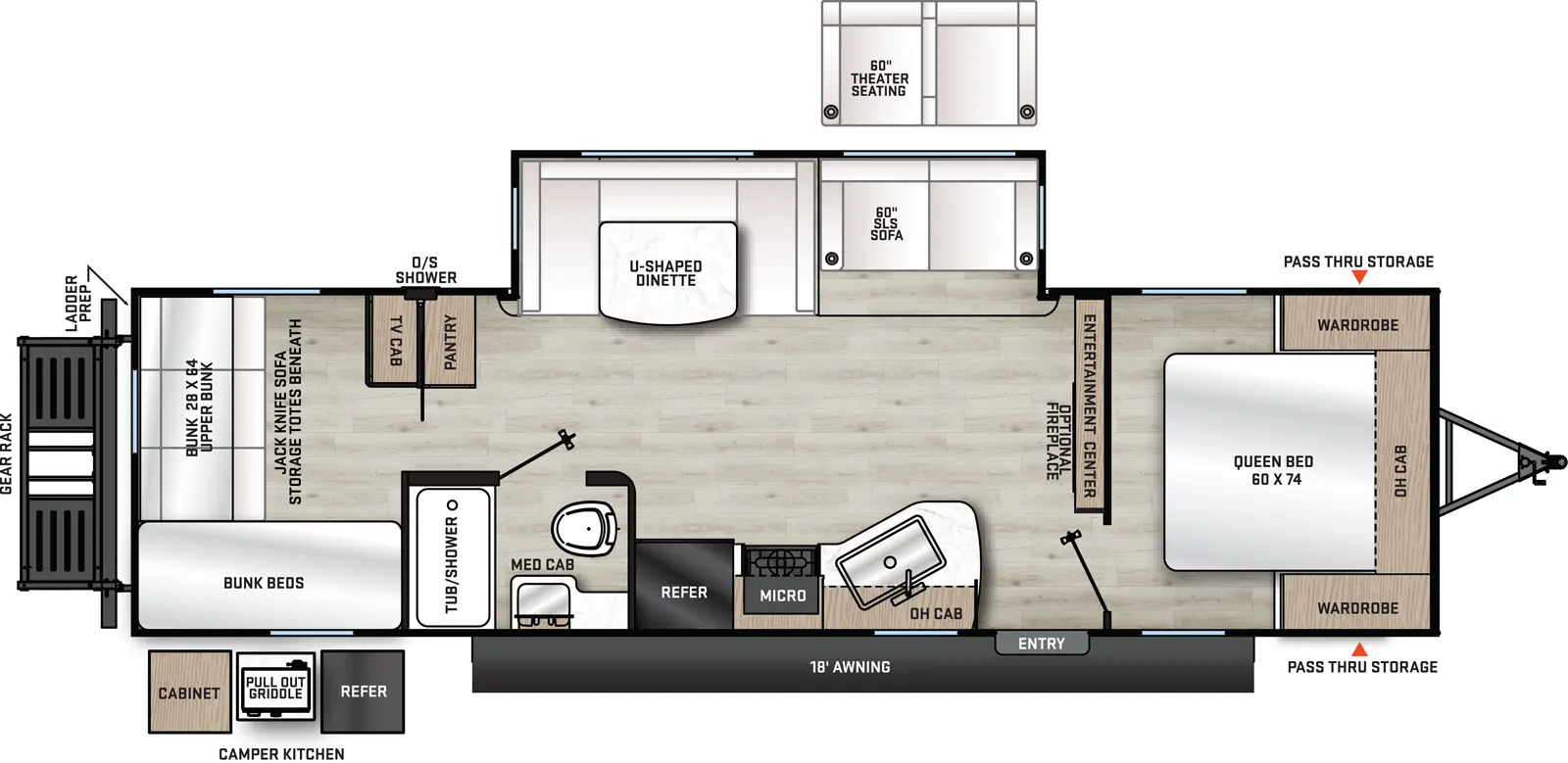 The 293QBCK has one slide out and one entry. Exterior includes an 18 foot awning, camper kitchen with cabinet, pull out griddle and refrigerator, front pass thru storage, outside shower, and rear cargo rack. Interior layout front to back: foot facing queen bed with overhead cabinet and wardrobes on each side; entertainment center along inner wall; off-door side slide out with sofa and u-shaped dinette; door side entry, kitchen counter with sink, overhead cabinet, cook top stove, microwave, and refrigerator; door side full bathroom with medicine cabinet; rear bunk room with door side bunk beds, wardrobe, rear COA cubes with upper bunk, and off-door side TV cabinet and wardrobe.